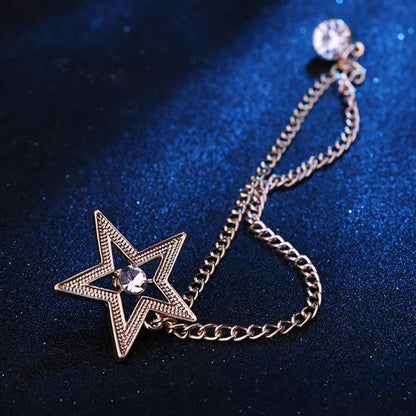 New Crystal Pentagram Brooch Pin Fashion Tassel Chains Suit Shirt Badge Collar L