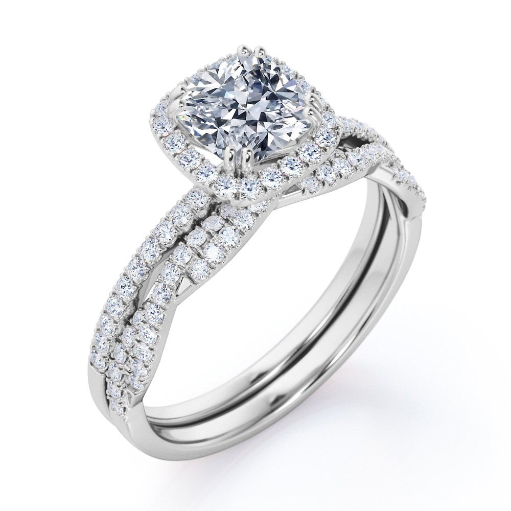 1.5 Carat Cushion Cut Moissanite and Diamond Halo Wedding Ring Set in 10K White
