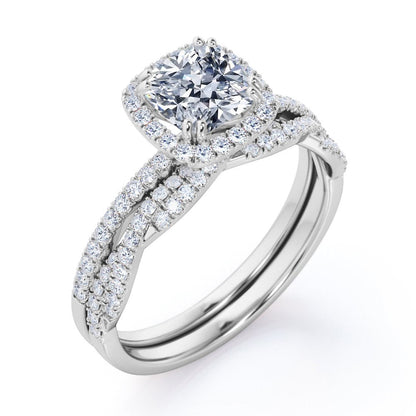 1.5 Carat Cushion Cut Moissanite and Diamond Halo Wedding Ring Set in 10K White
