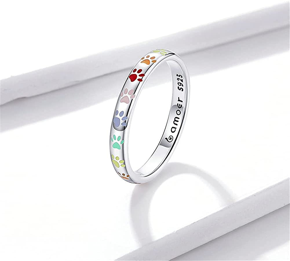 S925 Sterling Silver Puppy Dog Cat Paw Ring, Multicolor Pet Print Enamel Ring fo