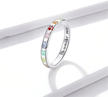 S925 Sterling Silver Puppy Dog Cat Paw Ring, Multicolor Pet Print Enamel Ring fo