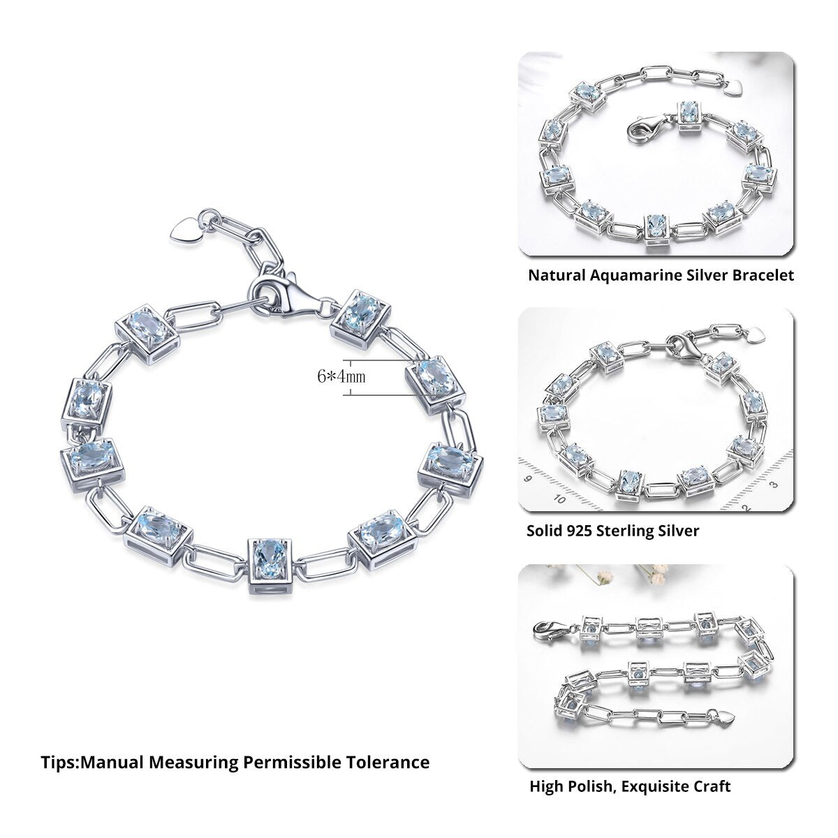 Genuine Aquamarine Solid Silver Bracelet S925 Natural Light Blue Gemstone