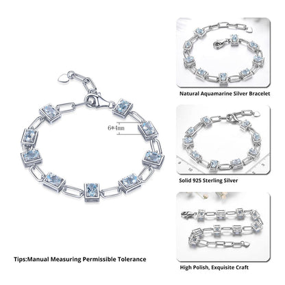 Genuine Aquamarine Solid Silver Bracelet S925 Natural Light Blue Gemstone