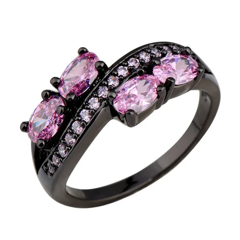 Princess Oval Pink Sapphire Black Gold Double Ring Luxurious Jewelry for Mulher