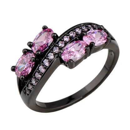 Princess Oval Pink Sapphire Black Gold Double Ring Luxurious Jewelry for Mulher