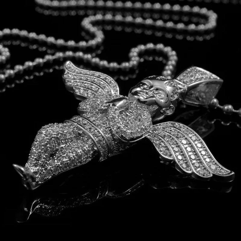 18K White Gold Plated Out Iced ANGEL Pendant Piece Ball Chain Micro Necklace
