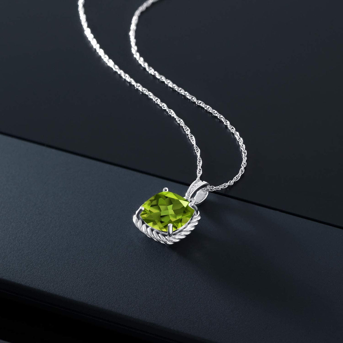 10K White Gold Green Peridot and Diamond Pendant Necklace for Women (2.47 Cttw,