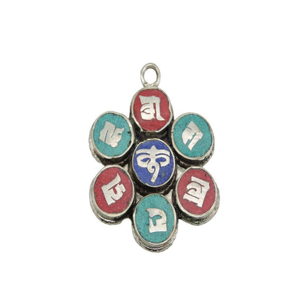 Handmade Lapis Lazuli Turquoise and Coral Om Mani Padme Hum Pendant