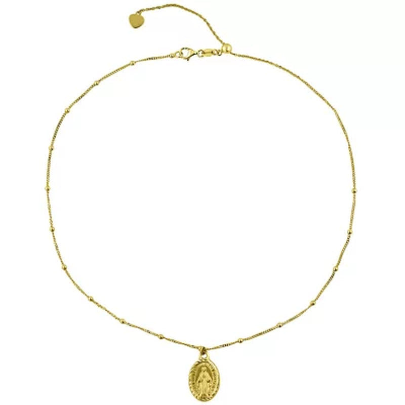 14K Yellow Gold Virgin Mary Choker Necklace, 16"
