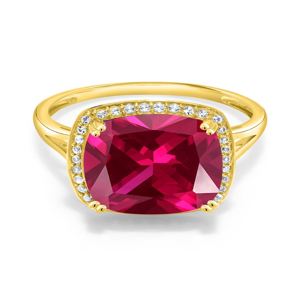 8.27 Ct Cushion Red Created Ruby White Created Sapphire 10K Yellow Gold Ring