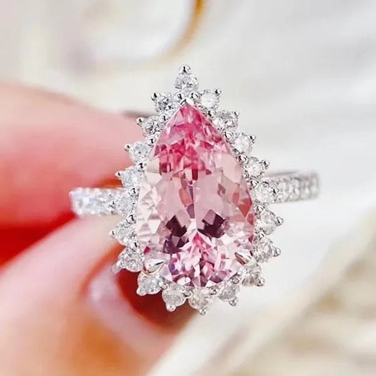 Luxurious High-Quality Flower Shaped Silver Inlaid Dazzling Pink Zircon Women'S