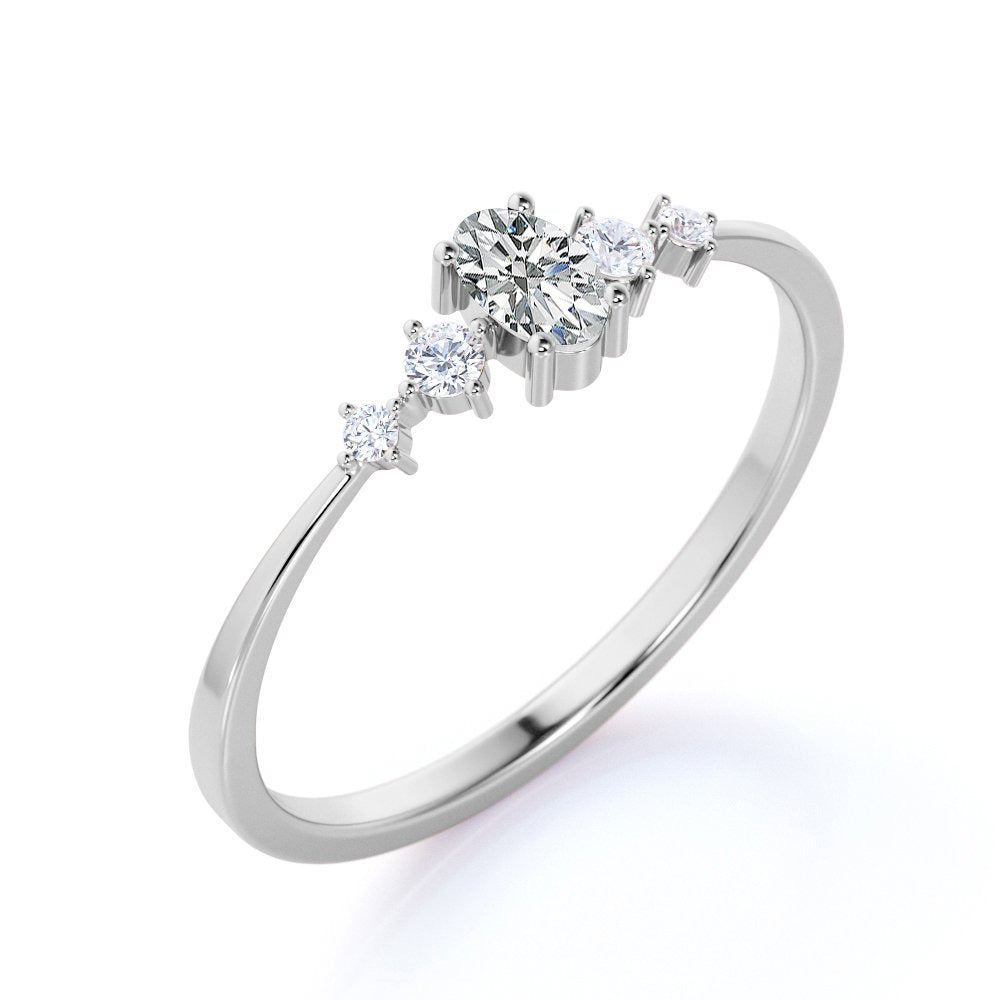 Oval Cut Moissanite and 4 Stone Diamond Fashion Dainty Ring in 10K White Gold