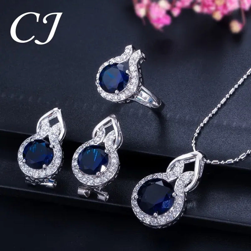 CANDICE Fashion Party Jewelry Set 925 Sterling Silver round Cut Blue Rhinestone