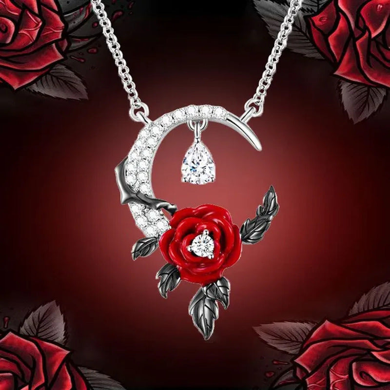 Creative Exquisite Crescent Pendant Rose Necklace 925 Sterling Silver Necklace F