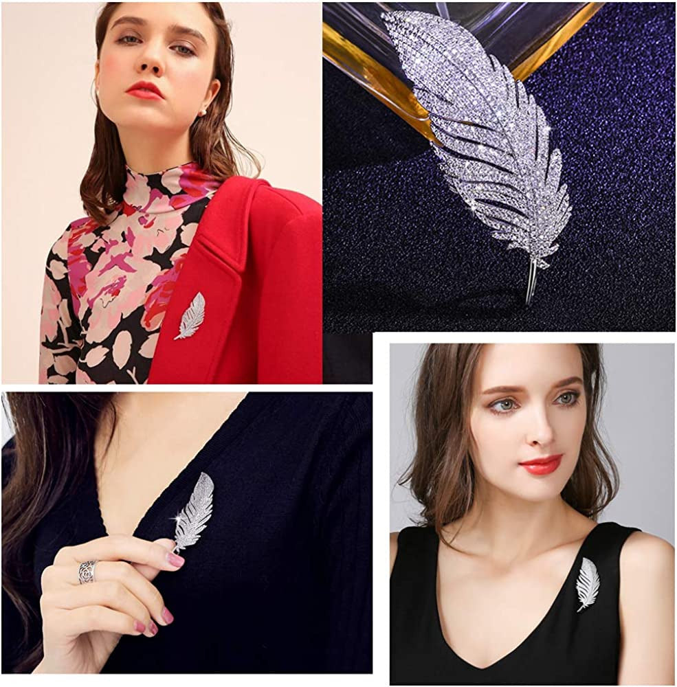 Rhinestone Feather Brooch Pin for Women Men Fashion Crystal Delicate Leaf Brooch
