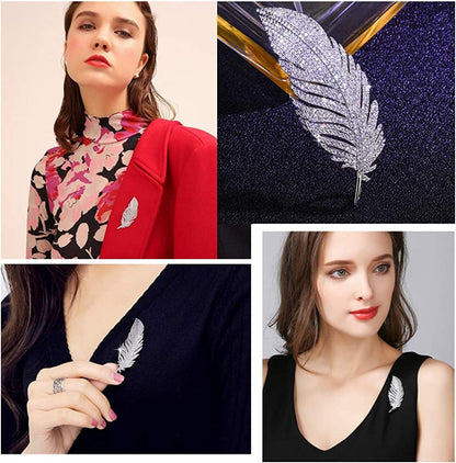 Rhinestone Feather Brooch Pin for Women Men Fashion Crystal Delicate Leaf Brooch