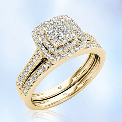 2Pcs Engagement Rings for Women Original 925 Sterling Silver Ring Set 14K Gold