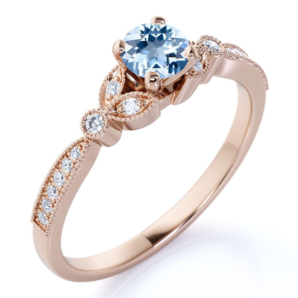 1.25 Ct - round Genuine Aquamarine Ring - March Birthstone - Vintage Engagement