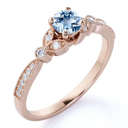 1.25 Ct - round Genuine Aquamarine Ring - March Birthstone - Vintage Engagement