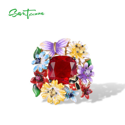 925 Sterling Silver Jewelry Set for Women Red Stone Colorful Flowers Earrings