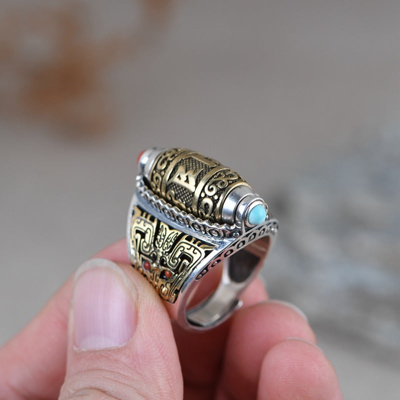 S925 Silver Vintage Craftsmanship Golden Rotatable Six-Character Mantra Ring