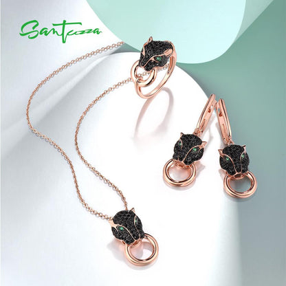 925 Sterling Silver Jewelry Set for Women Animal Black Leopard Panther Ring