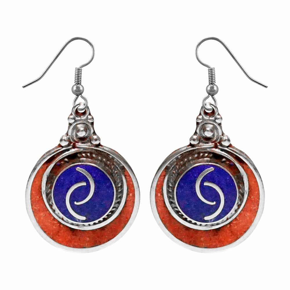 Silver Plated Handmade Dangle Earrings for Women, Coral Lapis Lazuli Gemstone Ea