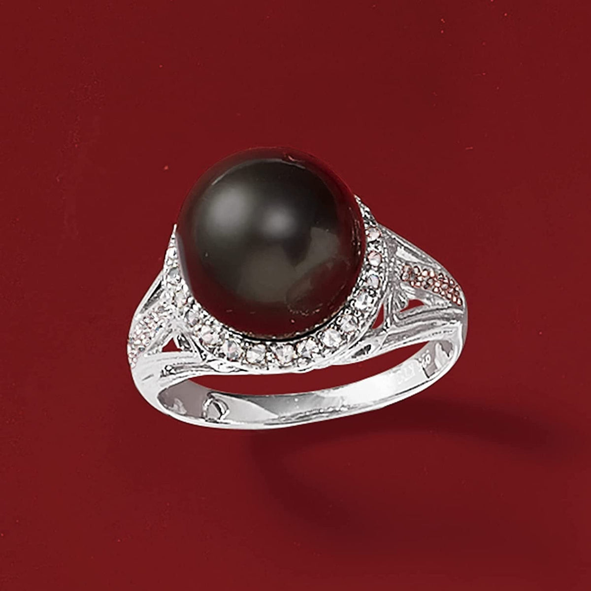 11-12Mm Black Cultured Tahitian Pearl Ring with .20 Ct. T.W. White Topaz in Ster