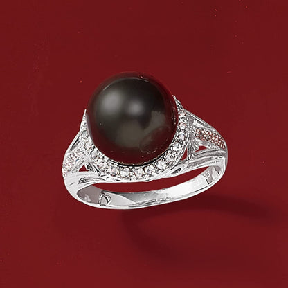 11-12Mm Black Cultured Tahitian Pearl Ring with .20 Ct. T.W. White Topaz in Ster