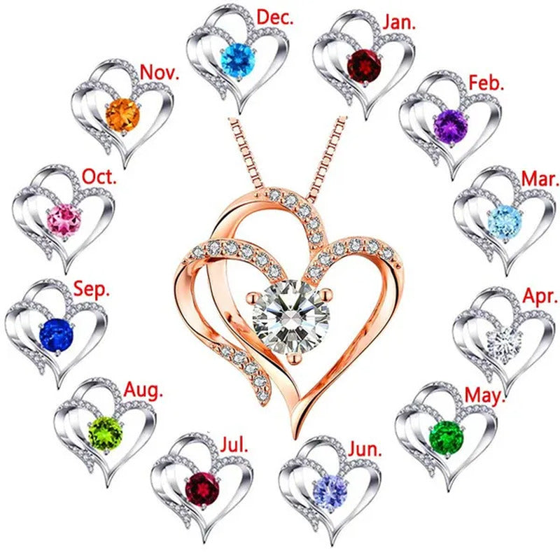 Double Heart Birthmonth Lucky Pendant Necklace for Women 12 Months Birthstone Di