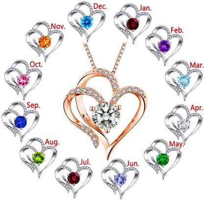 Double Heart Birthmonth Lucky Pendant Necklace for Women 12 Months Birthstone Di
