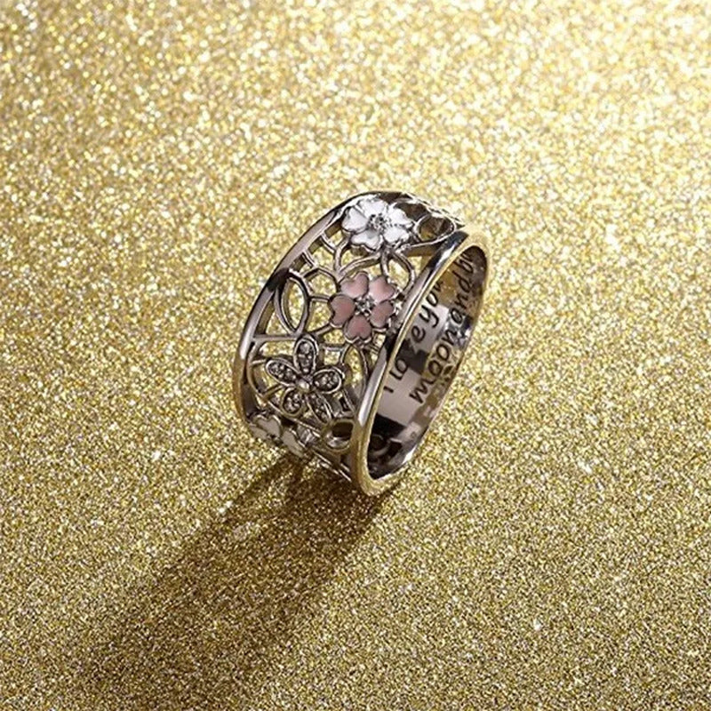 Exquisite Women'S Alloy Floral Rings Pink Flower Lucky Cherry Blossom 4 Leaves C