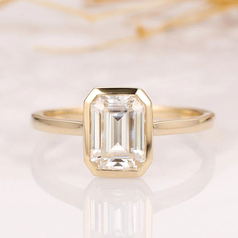 Solid 14K 585 Yellow Emerald Cut 2Ct 6*8MM Moissanite Engagement Ring for Women