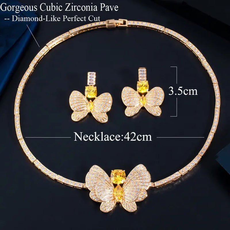 CANDICE Statement Citrine Butterfly Design Pendant Ears Choker Necklace Micro CZ