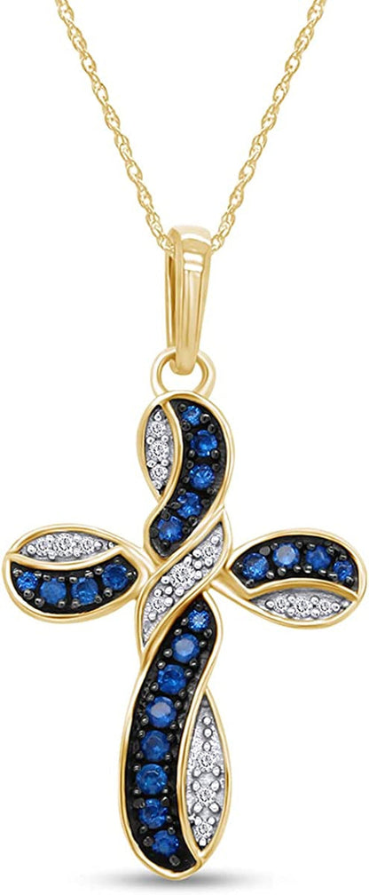 round Simulated Blue Sapphire & White Cubic Zirconia Cross Pendant Necklace in 1