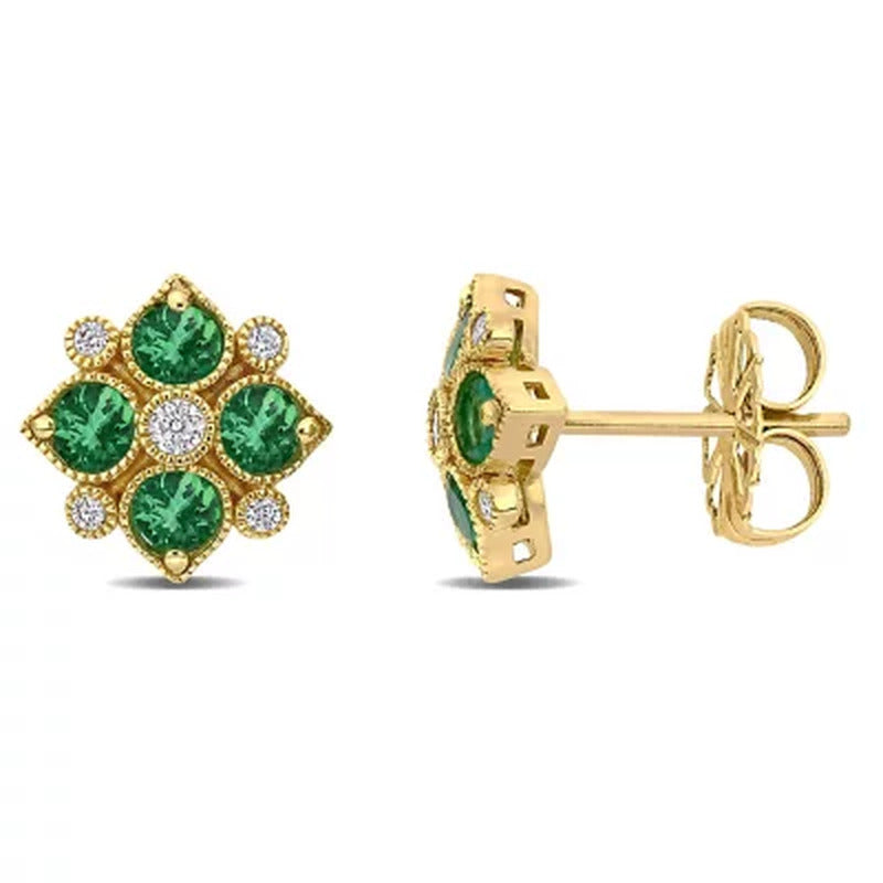 Emerald and 0.11 CT.T.W Diamond Stud Earrings in 14K Yellow Gold
