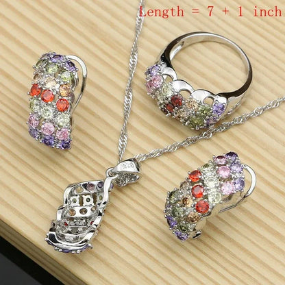 Silver 925 Gemstones Jewelry Sets for Women Ring Earrings Necklace Sapphire Ruby