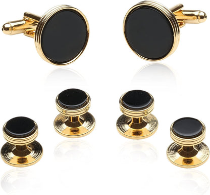 Black Onyx and Gold Tone Cufflinks and Studs with Presentation Box Unique Men Cu