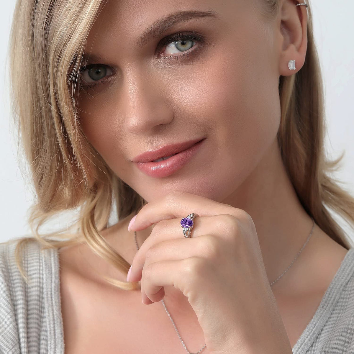 925 Sterling Silver Amethyst and White Diamond 3-Stone Women'S Ring (1.16 Cttw,