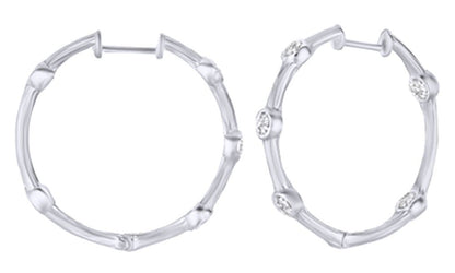 Round Cut White Natural Diamond Inside-Out Hammered Hoop Earrings in 14K Solid W