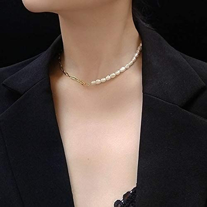 Paper Clip Pearl Necklace Vintage Chunky Link Chain Baroque Cultured Pearls 18K