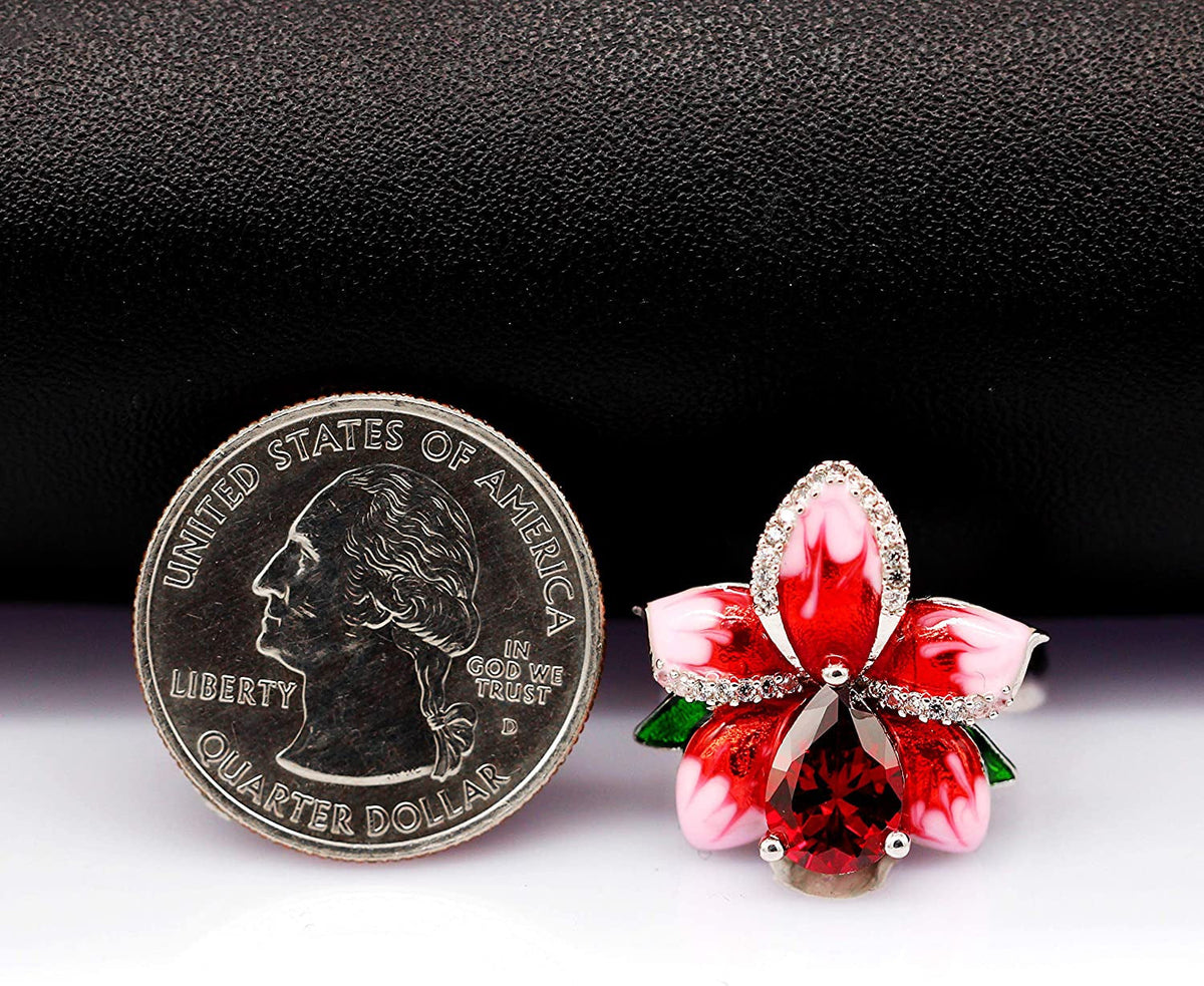 Girl'S Beautiful Red Enamel Rose Ring for Women Blossom Flower Rings with Pear C