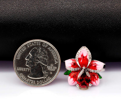 Girl'S Beautiful Red Enamel Rose Ring for Women Blossom Flower Rings with Pear C