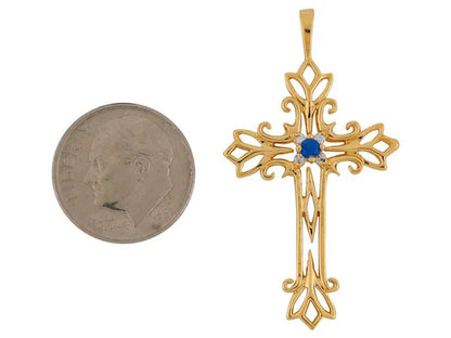 14K Yellow Gold Real Blue Sapphire Diamond Accented Latin Budded Cross Pendant