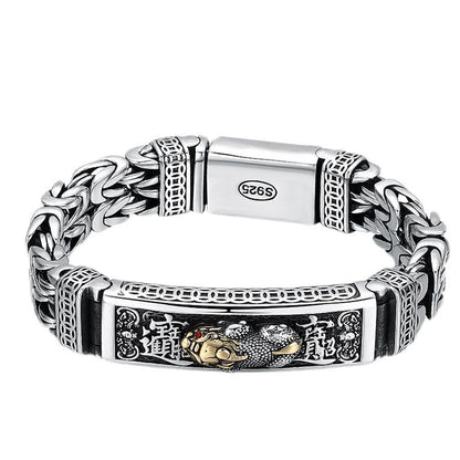 New Real Solid S925 Silver Retro Lucky Pixiu Man Bracelet Thick Style