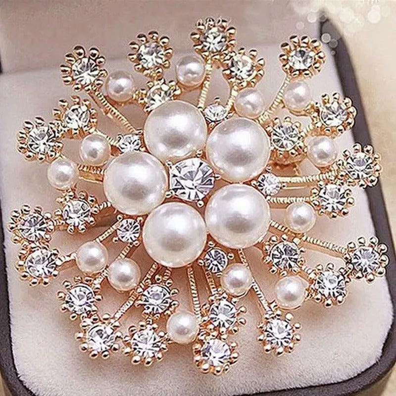Fashion Women Big Brooches Lady Snowflake Imitation Pearls Rhinestones