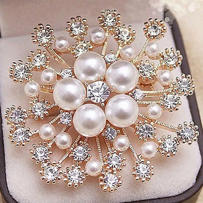 Fashion Women Big Brooches Lady Snowflake Imitation Pearls Rhinestones