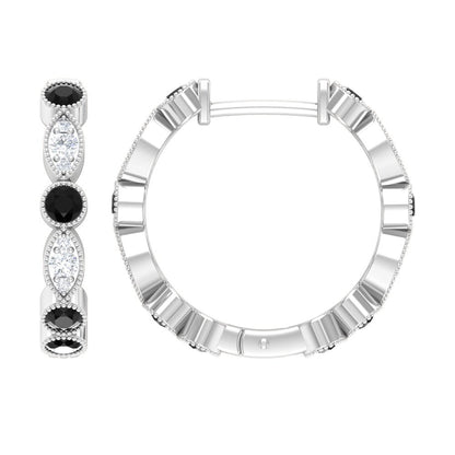 3/4 CT Black Spinel and Diamond Hoop Earrings, Black Spinel Vintage Earrings, Ho