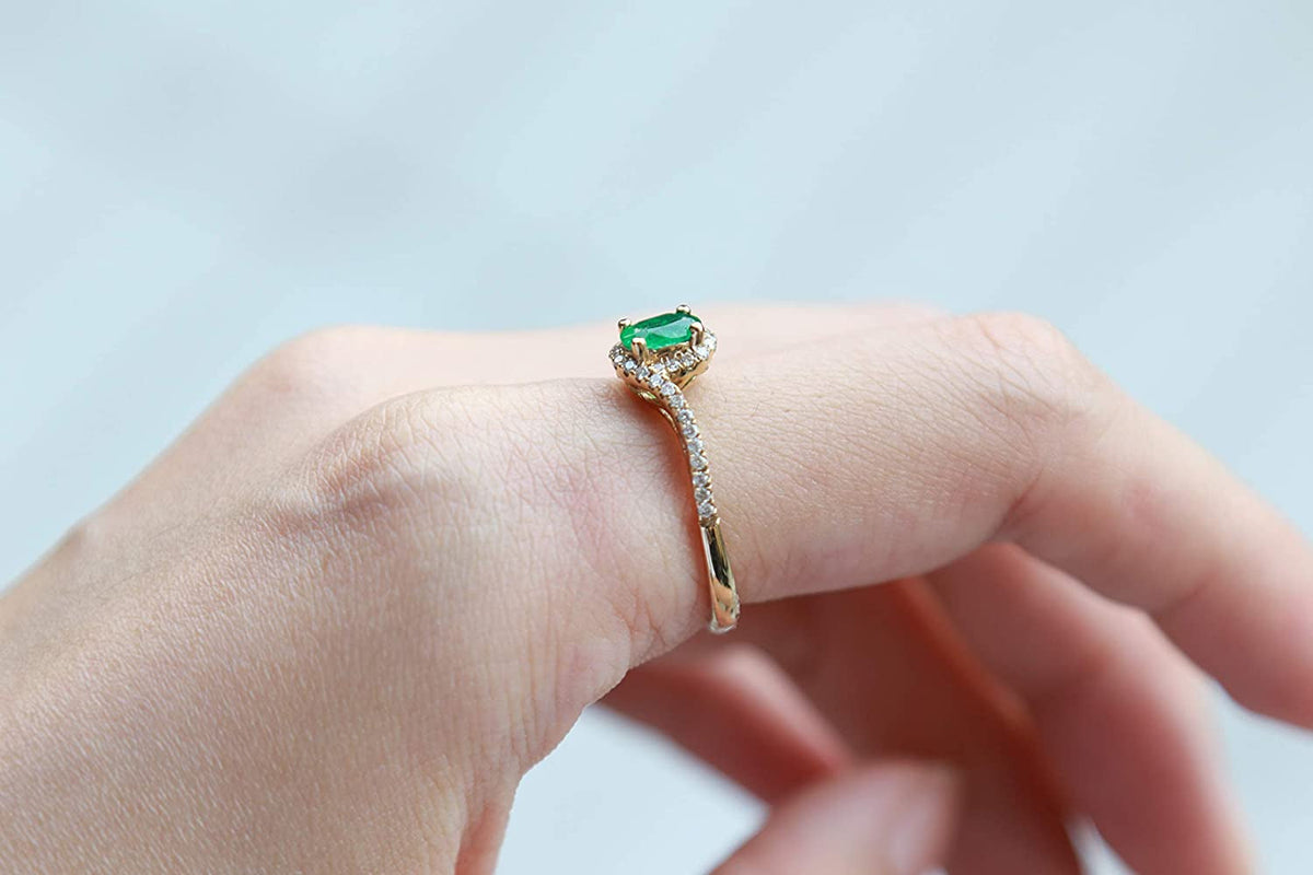 10K Yellow Gold Natural Zambian Emerald Ring with Natural Diamonds for Women | E