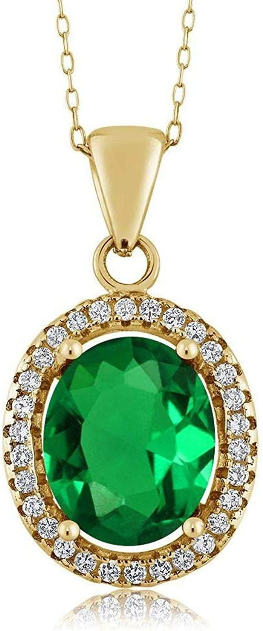 18K Yellow Gold Plated Silver Green Simulated Emerald Pendant Necklace for Women